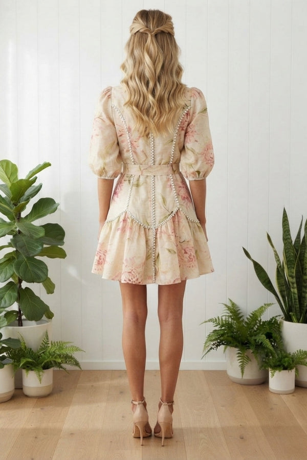 Floral Lace Tie Waist Short Shirt Dress| MULTI PINK
