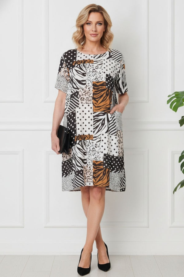 Animal Print Shift Knee Length Dress BLACK