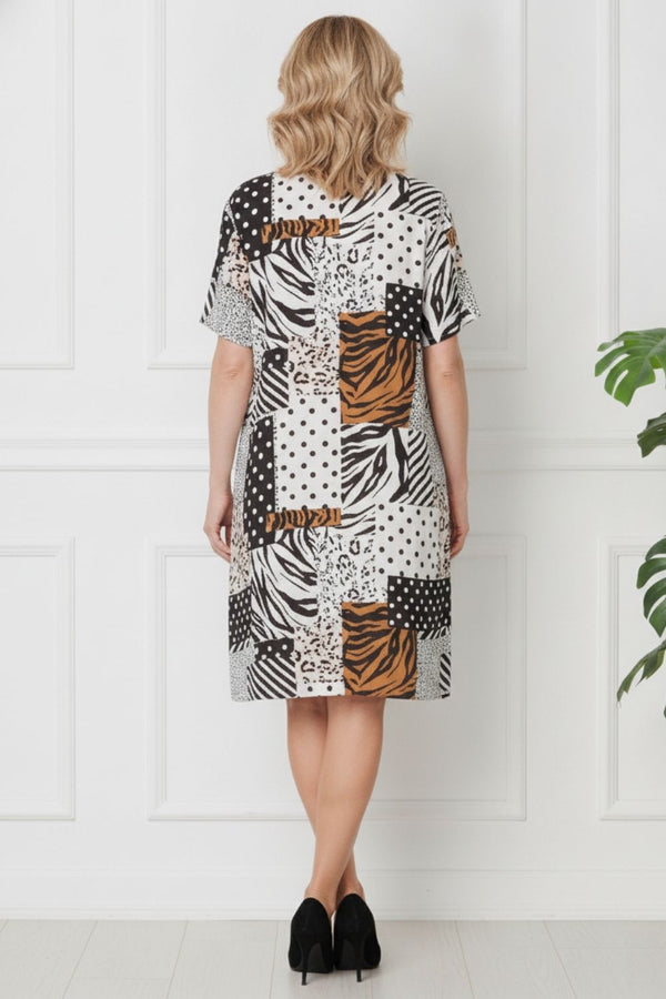 Animal Print Shift Knee Length Dress BLACK