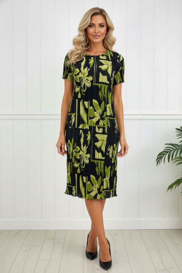 Floral Pleated Texture Midi Dress| GREEN