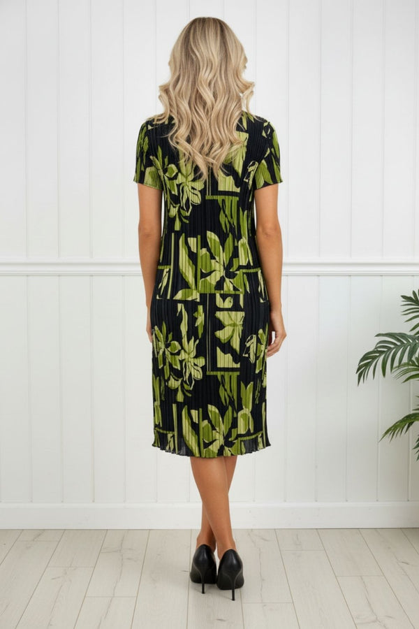 Floral Pleated Texture Midi Dress| GREEN