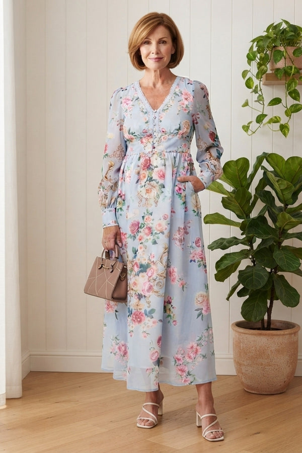 Floral Long Sleeve Semi Sheer Maxi Dress| MULTI BLUE