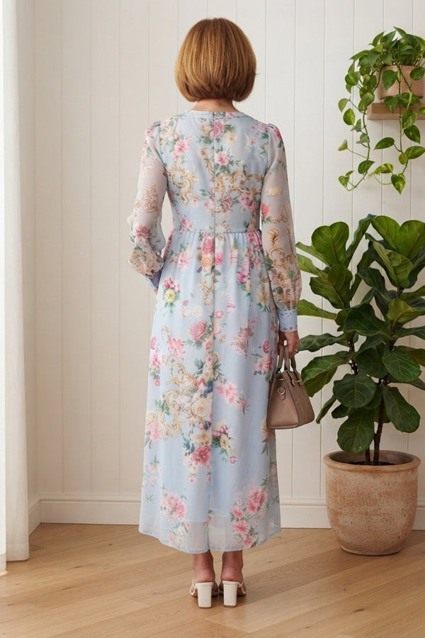 Floral Long Sleeve Semi Sheer Maxi Dress| MULTI BLUE