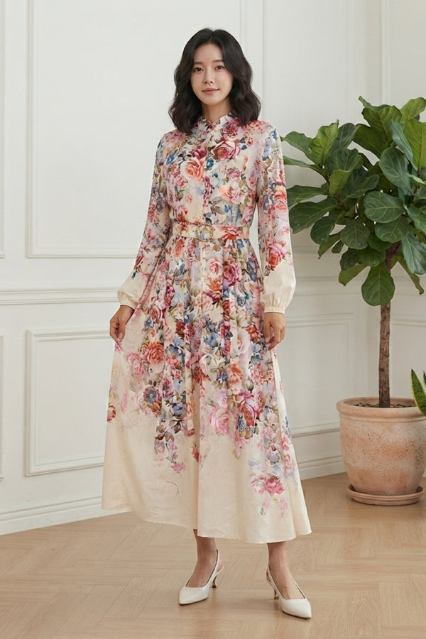 Floral Long Puff Sleeve Midi Shirt Dress| MULTIPINK