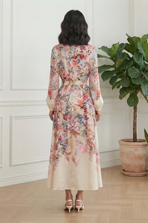 Floral Long Puff Sleeve Midi Shirt Dress| MULTIPINK