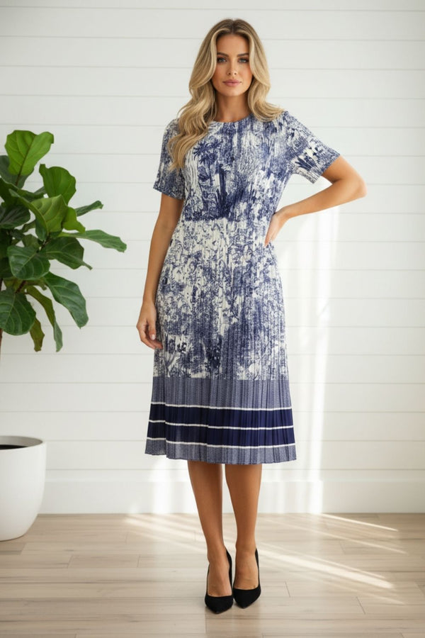 Printed Pleated Texture Midi Dress| NAVY