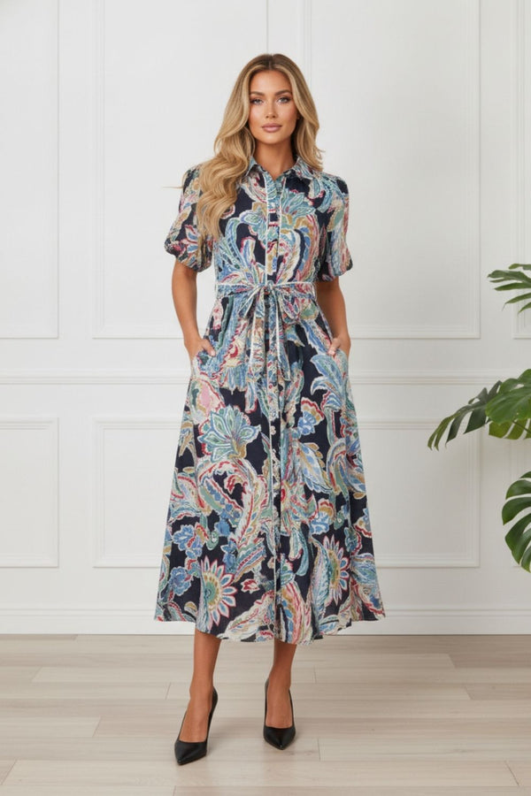 Floral 1/2 Sleeve Midi Tie Waist Dress | MULTI_BLACK