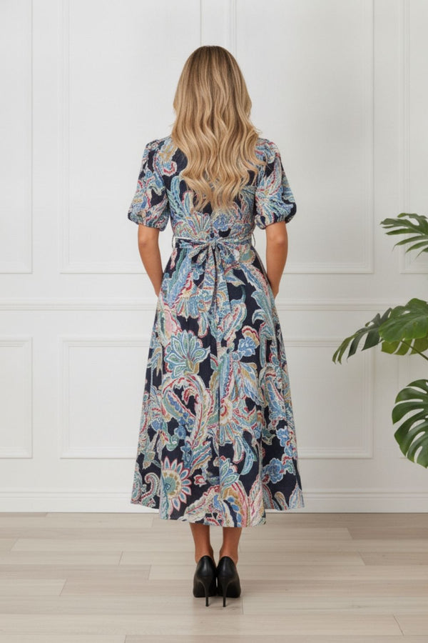 Floral 1/2 Sleeve Midi Tie Waist Dress | MULTI_BLACK