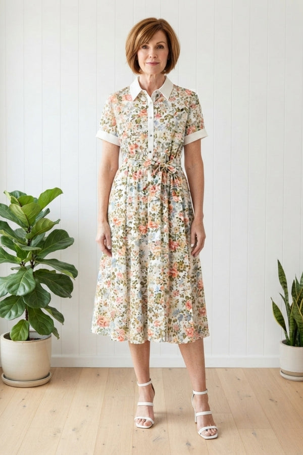 Floral Lace Layered Midi Shirt Dress| MULTI BEIGE