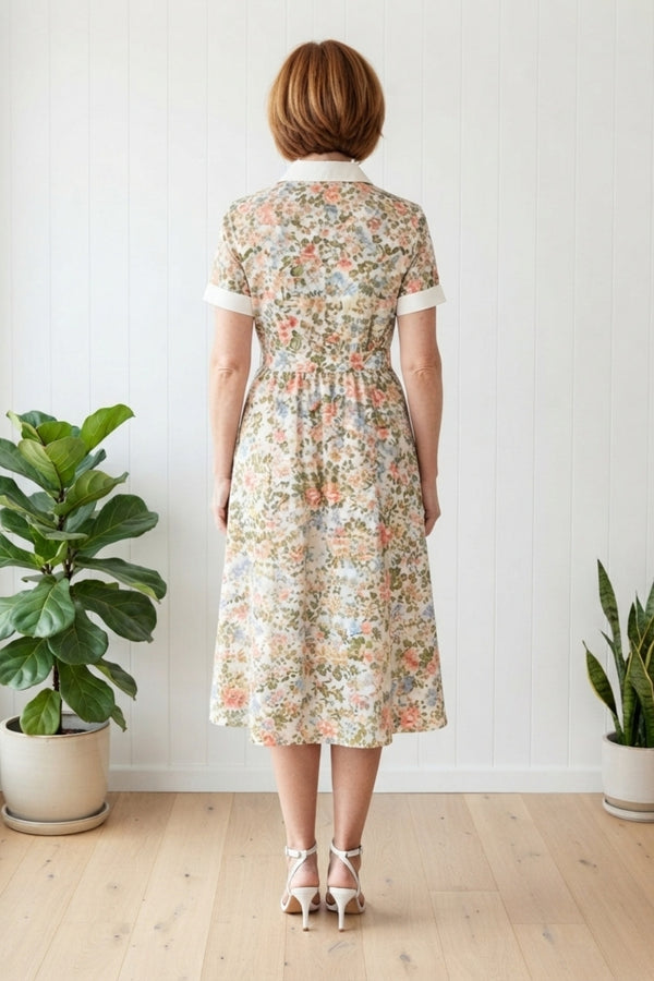 Floral Lace Layered Midi Shirt Dress| MULTI BEIGE