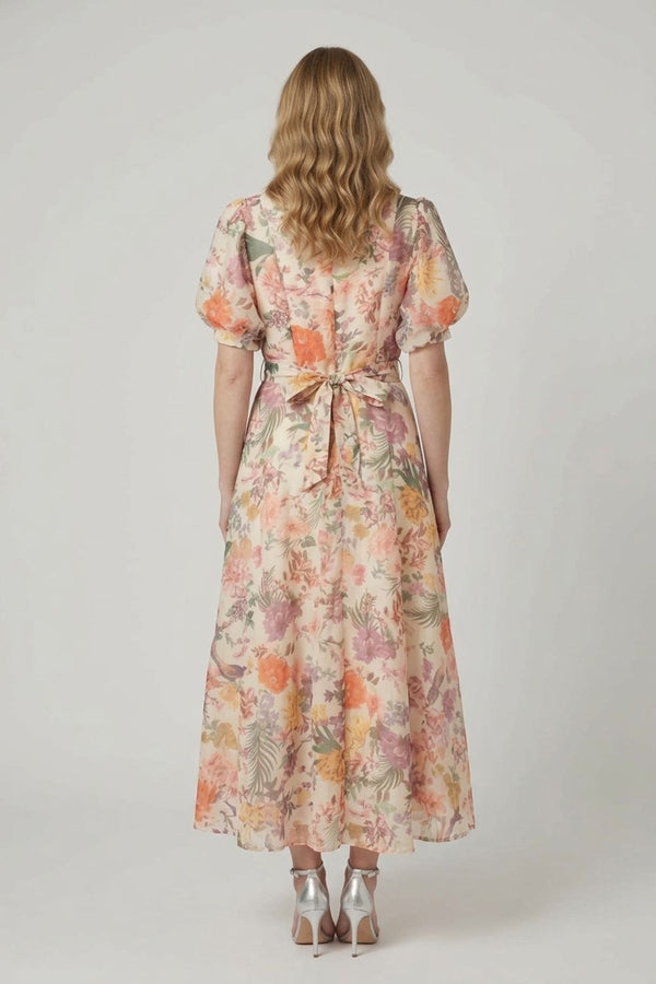 Floral 1/2 Puff Sleeve Midi Shirt Dress| MULTI CREAM