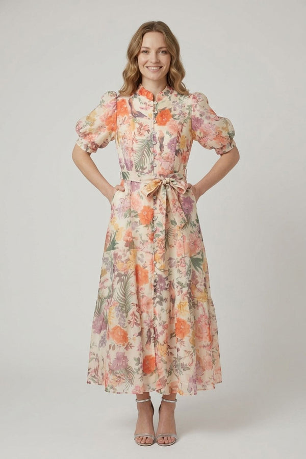 Floral 1/2 Puff Sleeve Midi Shirt Dress| MULTI CREAM