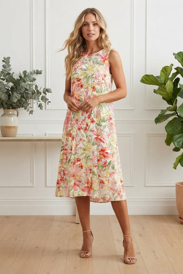 Floral Sleeveless Midi Shift Dress| MULTIWHITE