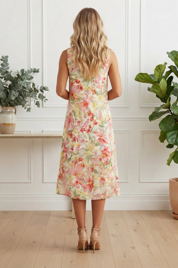 Floral Sleeveless Midi Shift Dress| MULTIWHITE
