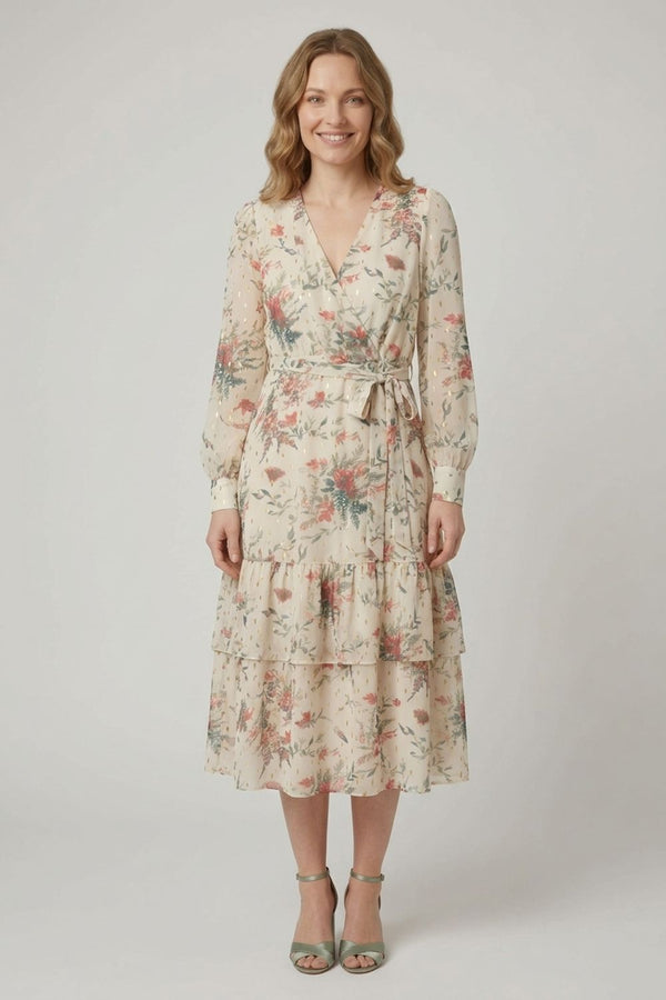 Floral Tiered Wrap Tie Waist Midi Dress| MULTI BEIGE