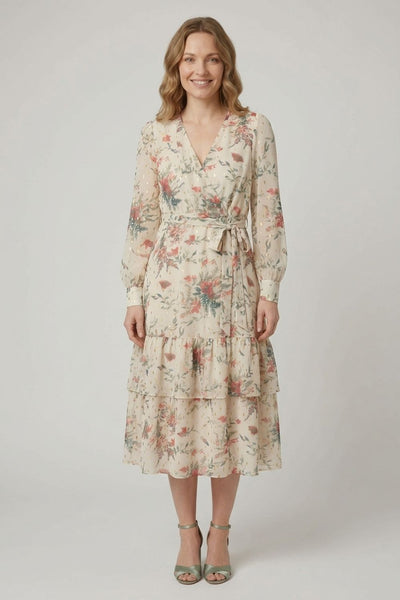 Floral Tiered Wrap Tie Waist Midi Dress| MULTI BEIGE