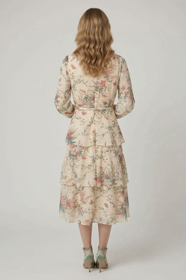 Floral Tiered Wrap Tie Waist Midi Dress| MULTI BEIGE