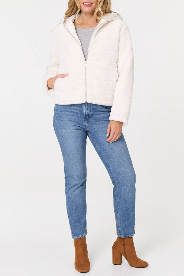 WHITE | Faux Fur Long Sleeve Hooded Jacket