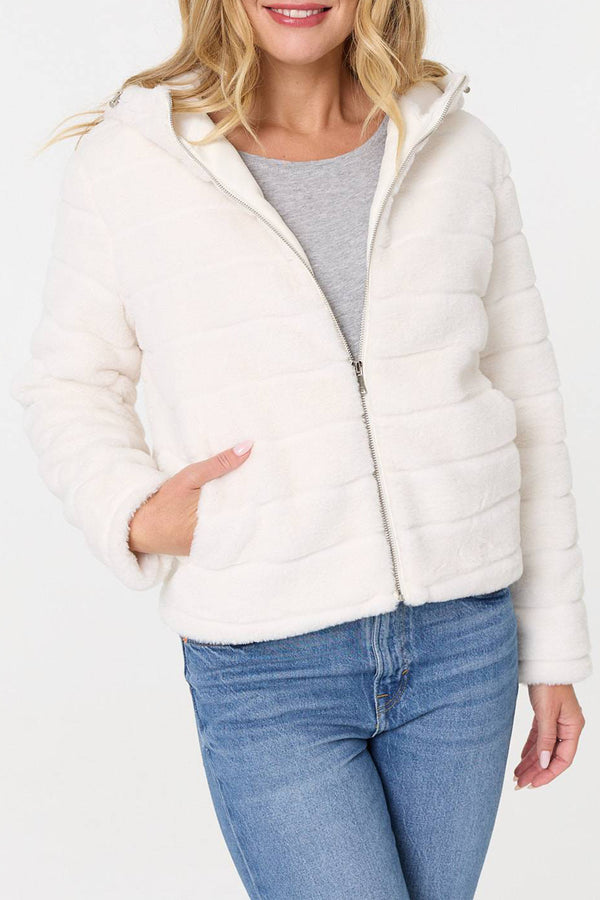 WHITE | Faux Fur Long Sleeve Hooded Jacket
