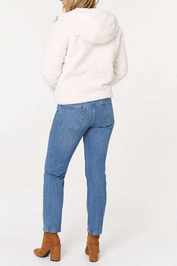 WHITE | Faux Fur Long Sleeve Hooded Jacket