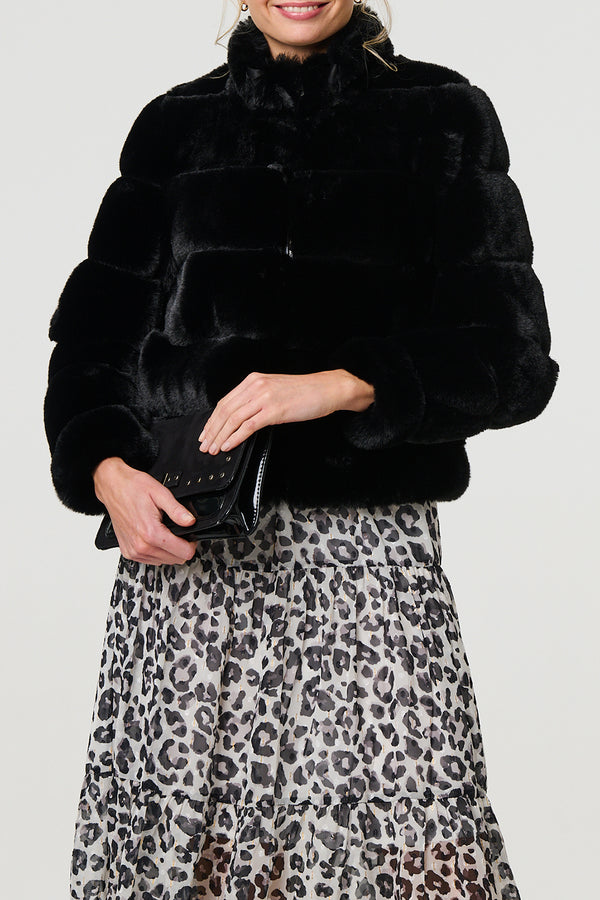 BLACK| Faux Fur Long Sleeve High Neck Coat