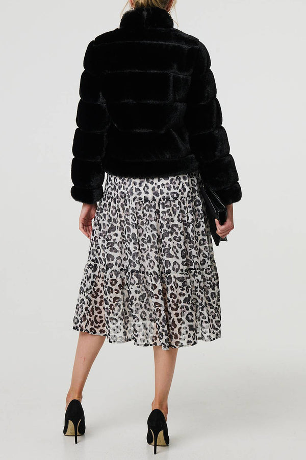 BLACK| Faux Fur Long Sleeve High Neck Coat