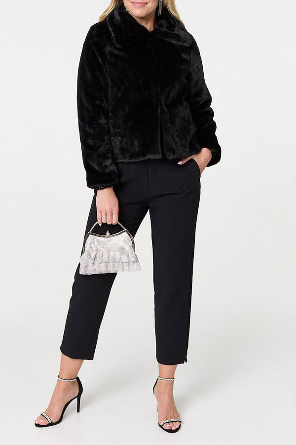 BLACK | Faux Fur Collar Detail Cropped Jacket