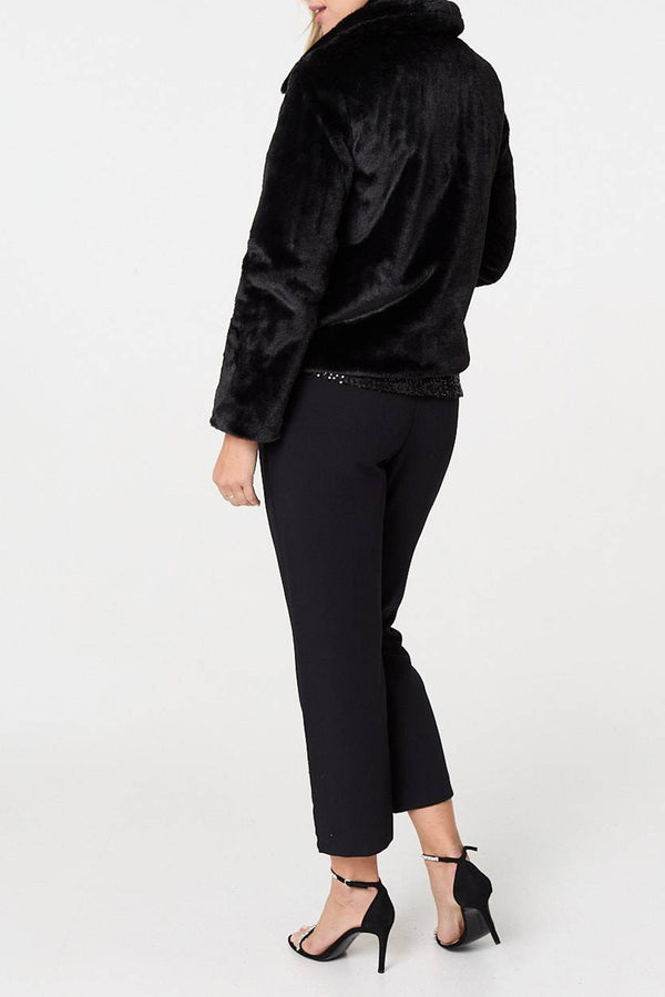 BLACK | Faux Fur Collar Detail Cropped Jacket