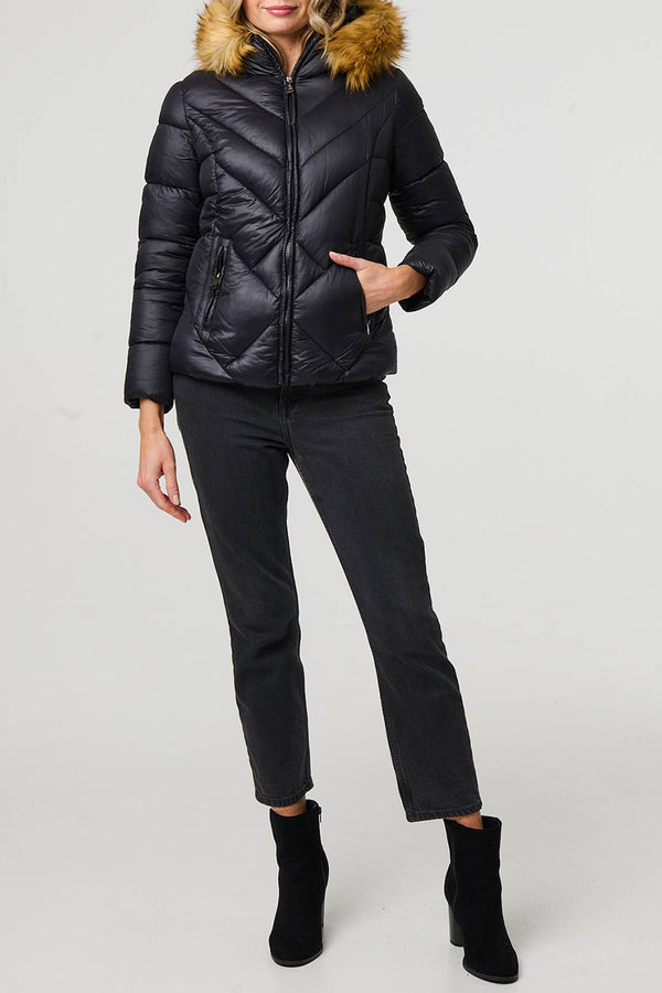 BLACK | Faux Fur Hooded Zip Front Puffer Jacket