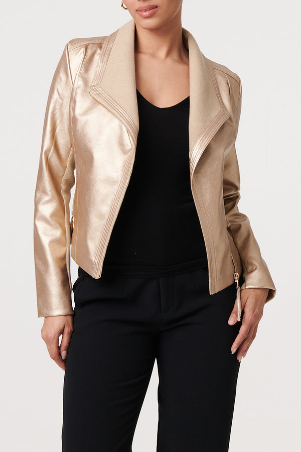 Gold | Metallic PU Leather Cropped Jacket