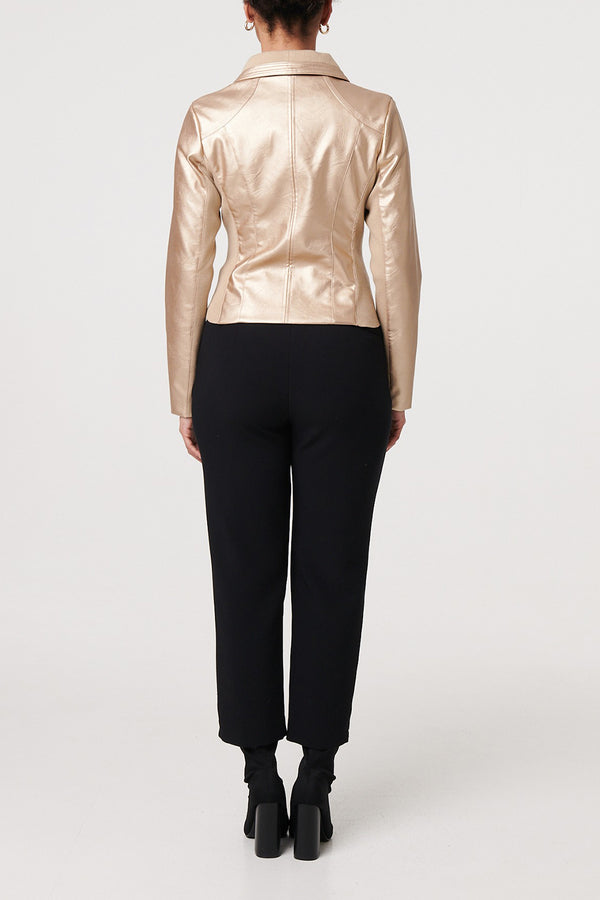 Gold | Metallic PU Leather Cropped Jacket