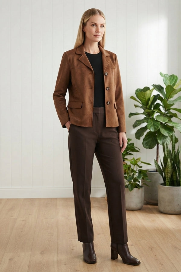 Faux Suede Texture Smart Blazer Jacket| BROWN