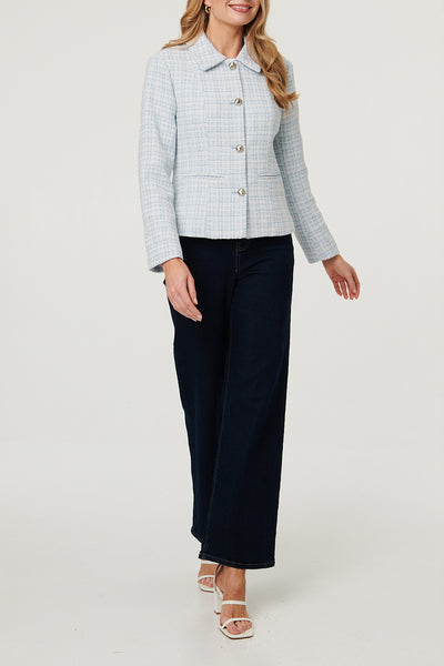 BLUE / Tweed Texture Button Front Fitted Jacket