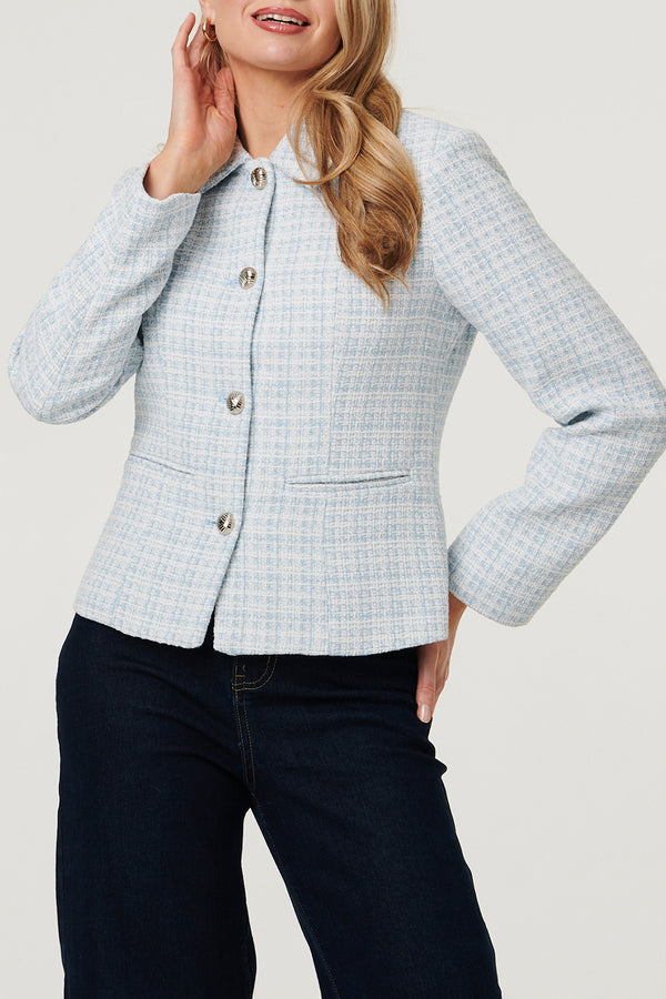 BLUE / Tweed Texture Button Front Fitted Jacket