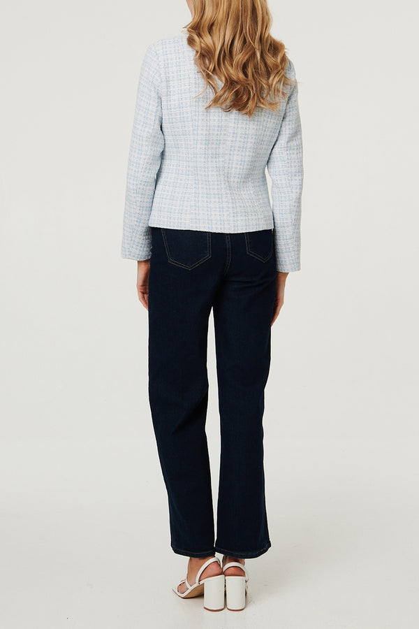 BLUE / Tweed Texture Button Front Fitted Jacket