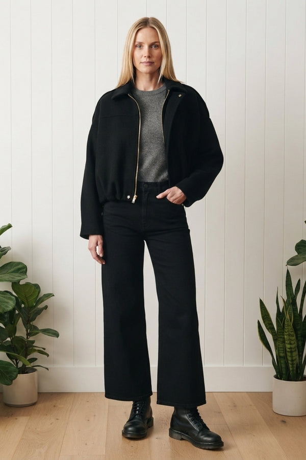 Faux Suede Zip Front Bomber Jacket| BLACK