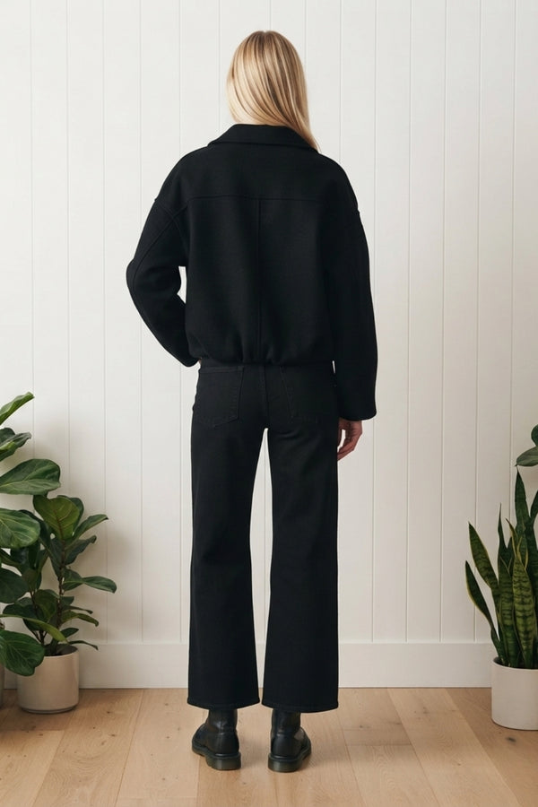 Faux Suede Zip Front Bomber Jacket| BLACK