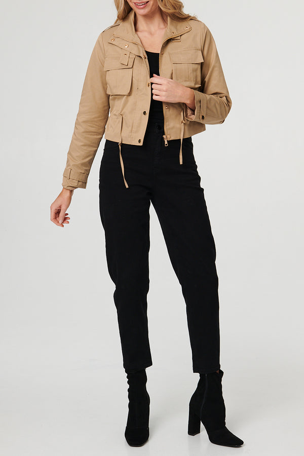 BEIGE / Buckle Detail Pocket Front Crop Jacket