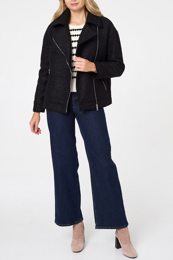 Black | Teddy Textured Asymmetric Zip Jacket