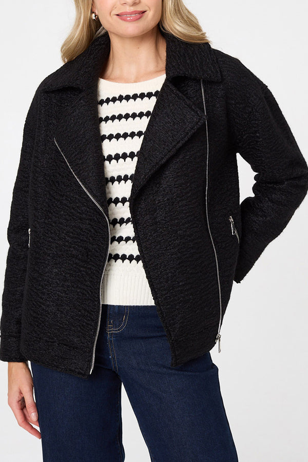 Black | Teddy Textured Asymmetric Zip Jacket