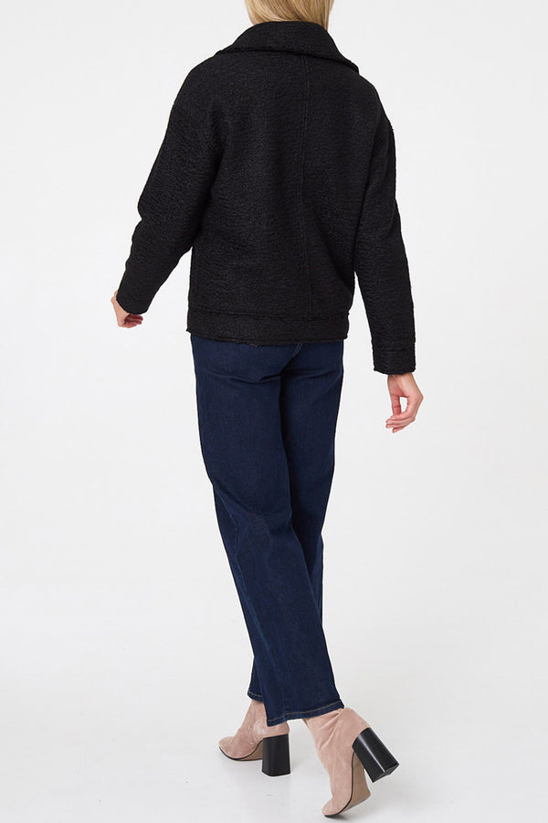 Black | Teddy Textured Asymmetric Zip Jacket