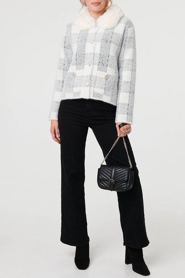 WHITE | Checked Faux Fur Trim Collar Jacket
