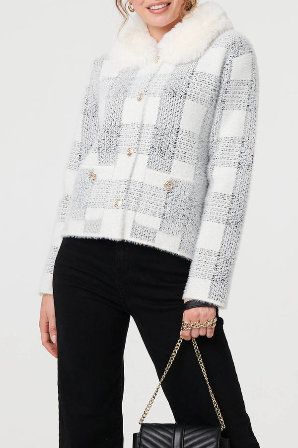 WHITE | Checked Faux Fur Trim Collar Jacket