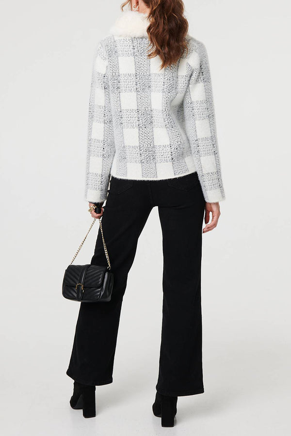 WHITE | Checked Faux Fur Trim Collar Jacket