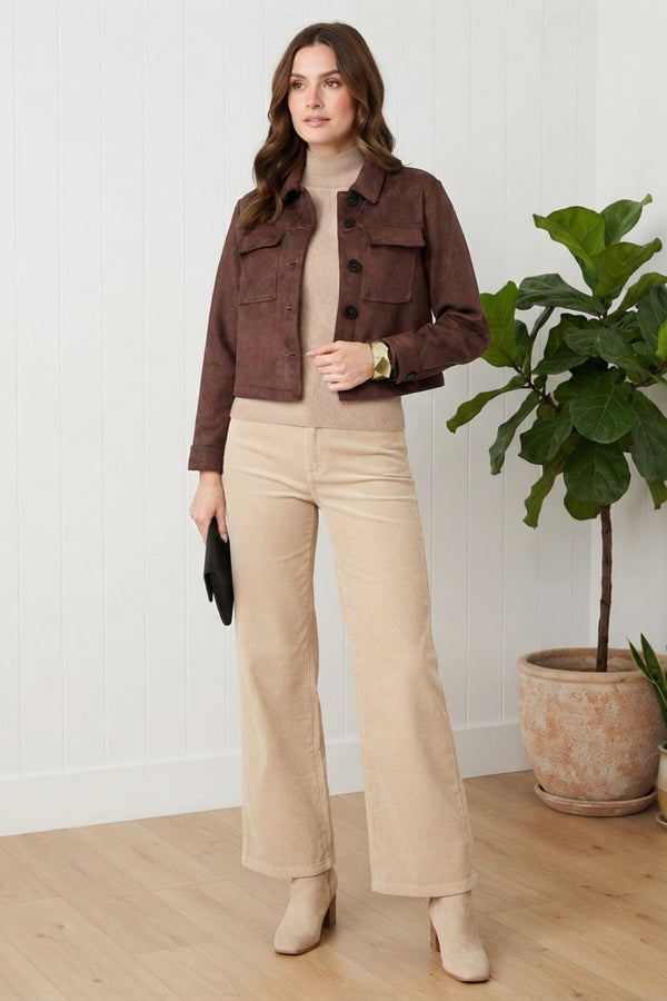 Faux Suede Cropped Button Front Jacket| BROWN