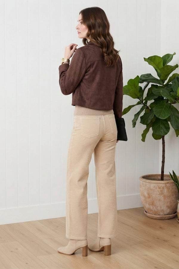 Faux Suede Cropped Button Front Jacket| BROWN