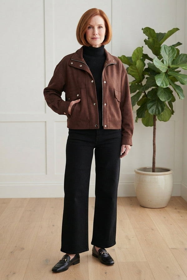 Faux Suede Cropped High Neck Jacket| BROWN