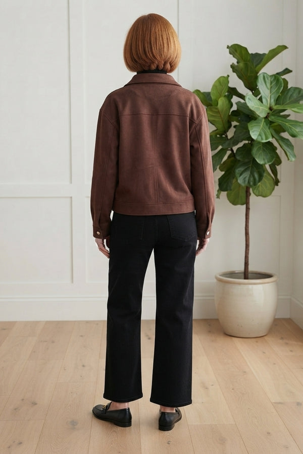 Faux Suede Cropped High Neck Jacket| BROWN