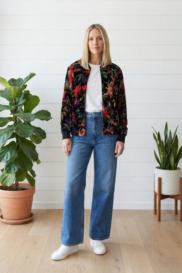 Printed Long Sleeve Zip Front Jacket| MULTI BLACK