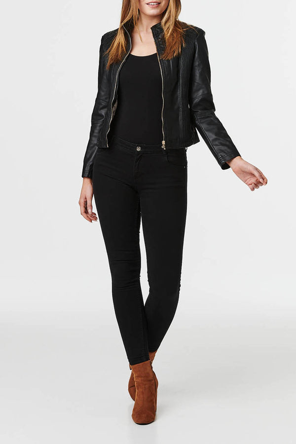 BLACK | Faux Leather Collarless Cropped Jacket